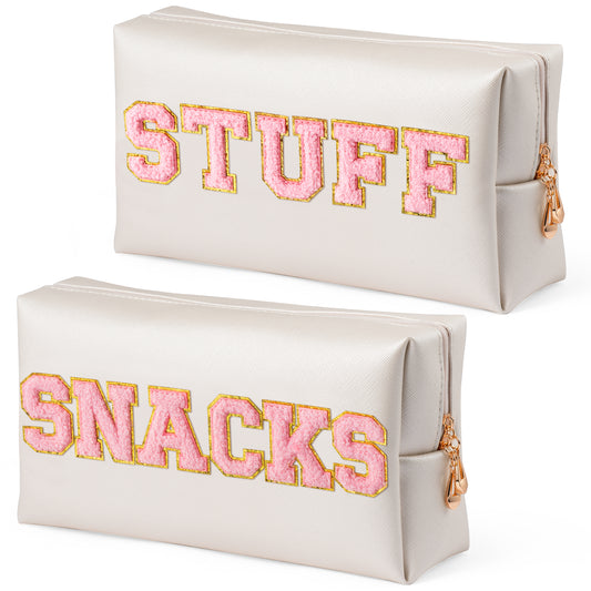 Y1tvei SNACKS STUFF Bag Pouch - Preppy Pink Snacks Stuff Chenille Varsity Letter Makeup Bag  Leather Waterproof Toiletry Cosmetic Bag Zipper Pouch for Purse Travel Organizer Gift for Women(Shell Gold)