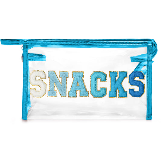 Y1tvei SNACKS Clear Makeup Bag - Preppy Patch Blue Chenille Varsity Letter Transparent PVC Large Cosmetic Pouch Portable Waterproof Beach Travel Organizer Toiletry Compliant Bag for Women Girl(Blue)