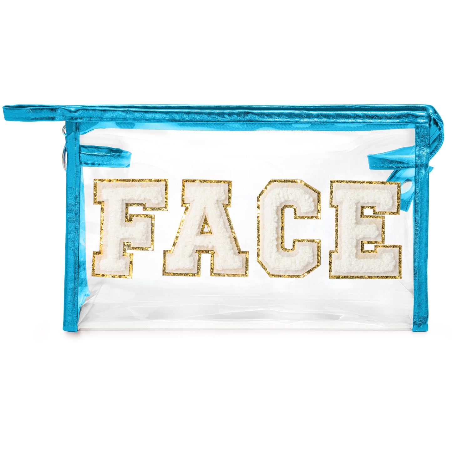 Y1tvei Clear FACE Makeup Bag - Preppy White FACE Chenille Varsity Letter Cosmetic Bag PVC Transparent Zipper Waterproof Beach Swim Makeup Pouch Portable Travel Toiletry Organizer for Women(Blue)