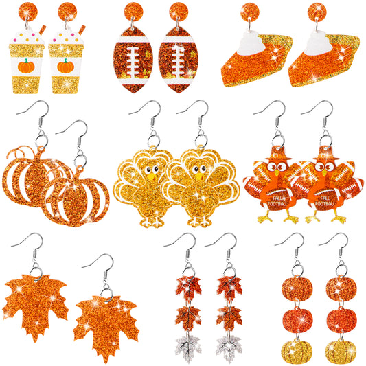 Y1tvei Fall Thanksgiving Glitter Earrings - 9Pairs Fall Leaf Turkey Football Pumpkin Sparkly Glitter Drop Dangle Earring Lightweight Cute Cartoon Ear Decoration Holiday Jewelry Gift for Girls Women