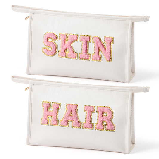 Y1tvei SKIN HAIR Makeup Bag - Pink Preppy Skin Hair Chenille Letter Pouch for Travel, Large Waterproof Portable PU Leather Cosmetic Toiletry Bags, Zipper Flat Pouch Travel Organizer for Women(White)