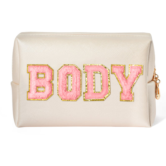Y1tvei Body Parts Makeup Bag - Preppy Patch Pink Body Chenille Varsity Letter Cosmetic Bag, PU Leather Waterproof Portable Toiletry Bag, Zipper Pouch Travel Cosmetic Organizer for Women(Shell Gold)
