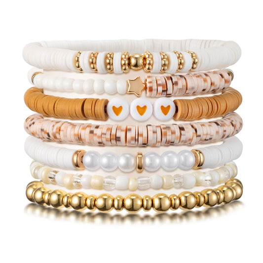 Y1tvei Brown Bracelets for Women - 7Pcs Brown White Spot Clay Bead Surfer Bracelet Set Gold Plated Bead Stackable Stretch Bracelet Layering Summer Beach Jewelry Friendship Bracelet Gift for Women Girl