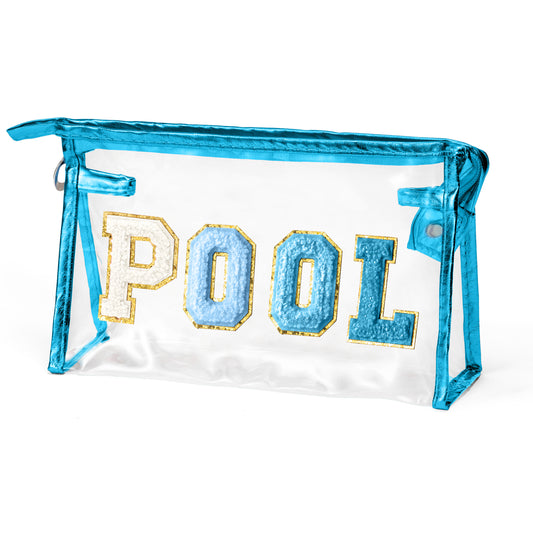Y1tvei Clear POOL Makeup Bag - Preppy Blue POOL Chenille Varsity Letter Sunscreen Cosmetic Pouch PVC Transparent Zipper Waterproof Beach Pool Summer Travel Toiletry Organizer for Swimmer Women(Blue)