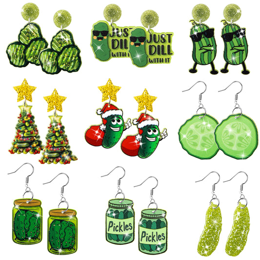 Y1tvei Christmas Earrings for Women - 9Pairs Just Dill with It Pickle Sparkly Glitter Drop Dangle Earring Funny Pickle Jar Cucumber Acrylic Earrings Cute Christmas Pickle Gifts for Women Pickle Lovers