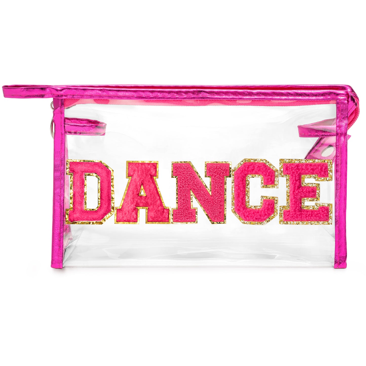 Y1tvei DANCE Clear Makeup Bag - Preppy Hot Pink Dance Chenille Patch Cosmetic Pouch Dancer Recital Survival Kit Extra Large PVC Transparent Toiletry Bag Waterproof Travel Organizer for Women(Rose Red)