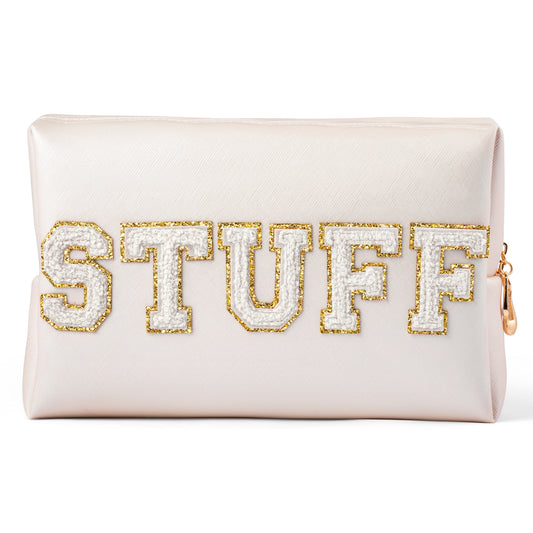 Y1tvei Preppy Patch STUFF White Chenille Letter Extra Large Cosmetic Bag PU Leather Waterproof Portable Varsity Letter Patch Makeup Pouch Toiletry Zipper Travel Organizer for Girls Women (Shell Gold)