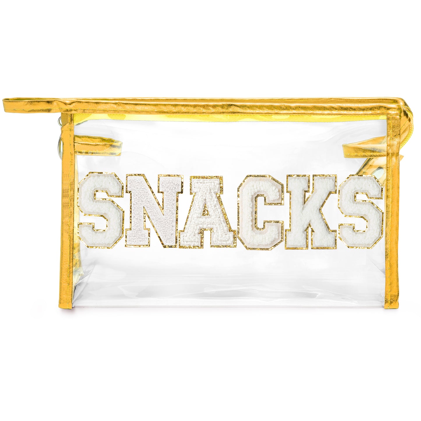 Y1tvei Large Clear SNACKS Pouch - Preppy Patch White Chenille Varsity Letter PVC Transparent Extra Large Cosmetic Makeup Bag Portable Waterproof Beach Travel Organizer Toiletry Bag for Women(Gold)