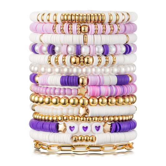 Y1tvei Purple White Bead Bracelets - 14Pcs Purple White Clay Bead Surfer Bracelet Set Stackable Gold Plated Bead Stretch Bracelet Layering Summer Beach Jewelry Friendship Bracelet Gift for Women Girls
