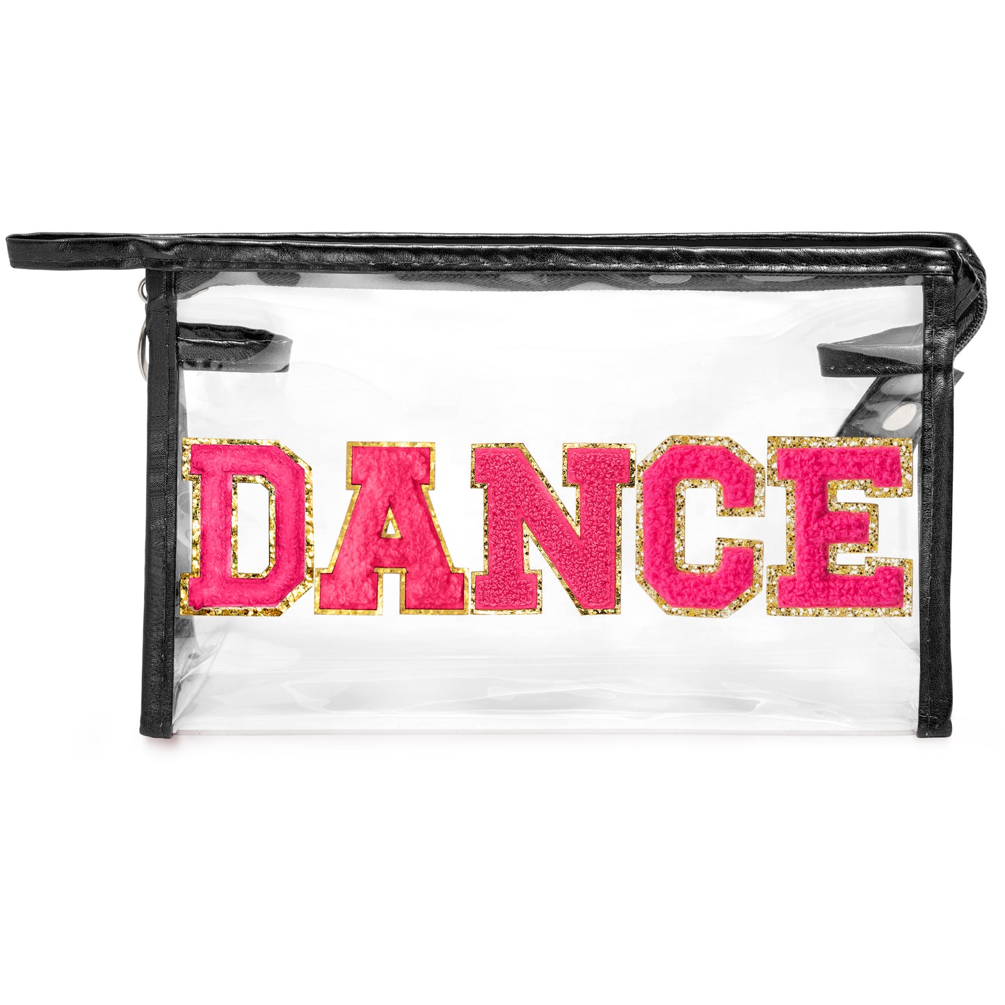 Y1tvei DANCE Clear Makeup Bag - Preppy Hot Pink Dance Chenille Patch Cosmetic Pouch Dancer Recital Survival Kit Extra Large PVC Transparent Toiletry Bag Waterproof Travel Organizer for Women(Black)