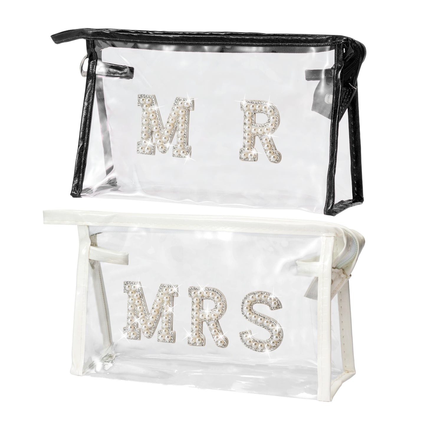 Y1tvei Clear Mrs Makeup Bag - 2Pcs Black White Mr and Mrs Cosmetic Bag Bling Varsity Pearl Rhinestone Patches Letter Makeup Pouch PVC Portable Honeymoon Travel Toiletry Wedding Gift for Bride Couples