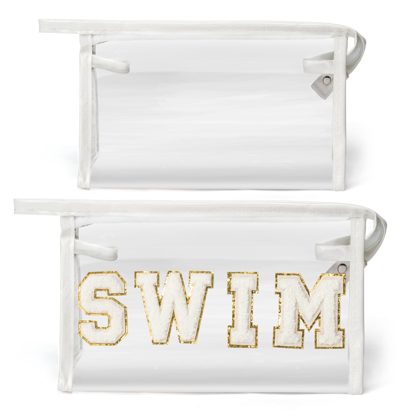 Y1tvei Clear SWIM Makeup Bag - 2Pcs Preppy White SWIM Chenille Varsity Letter Patch Cosmetic Bag White Small PVC Transparent Toiletry Organizer Zipper Waterproof Travel Makeup Pouch for Swimmer(White)