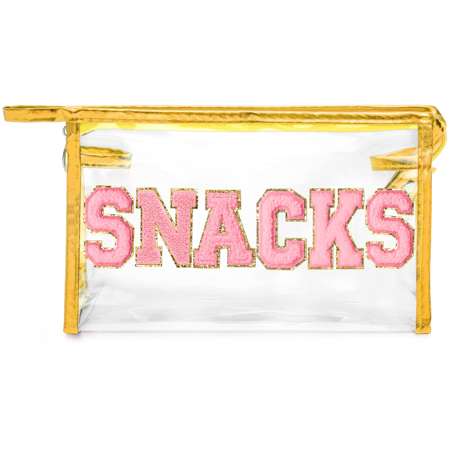 Y1tvei Large Clear SNACKS Pouch - Preppy Patch Pink Chenille Varsity Letter PVC Transparent Extra Large Cosmetic Makeup Bag Portable Waterproof Beach Travel Organizer Toiletry Bag for Women(Gold)