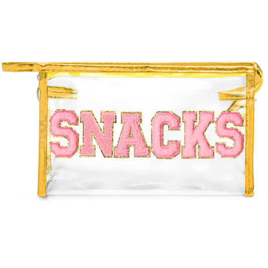 Y1tvei Large Clear SNACKS Pouch - Preppy Patch Pink Chenille Varsity Letter PVC Transparent Extra Large Cosmetic Makeup Bag Portable Waterproof Beach Travel Organizer Toiletry Bag for Women(Gold)