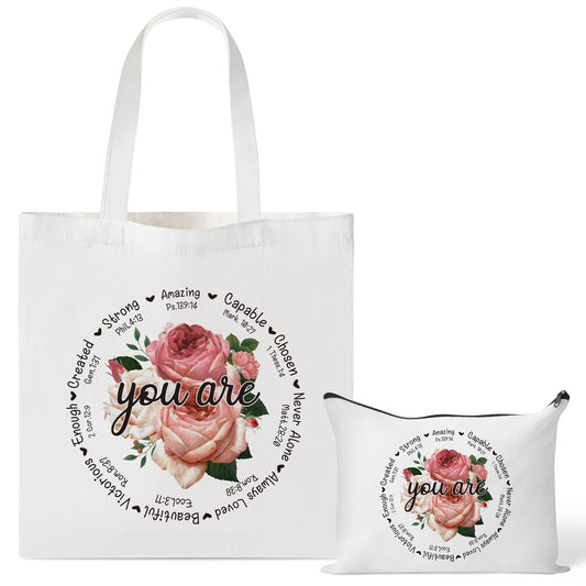 Y1tvei Christian Gifts for Women - 2Pcs Aesthetic Flower You are Beautiful Tote Makeup Bag Set, Christian Religious Bible Verse Canvas Reusable Tote Bag, Christian Encouragement Gifts for Women Faith