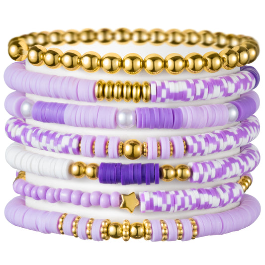 Y1tvei Purple Surfer Bead Bracelets - 7Pcs Purple Spot Clay Bead Surfer Bracelet Set Stackable Gold Plated Bead Stretch Bracelet Layering Summer Beach Jewelry Friendship Bracelet for Women Teen Girls