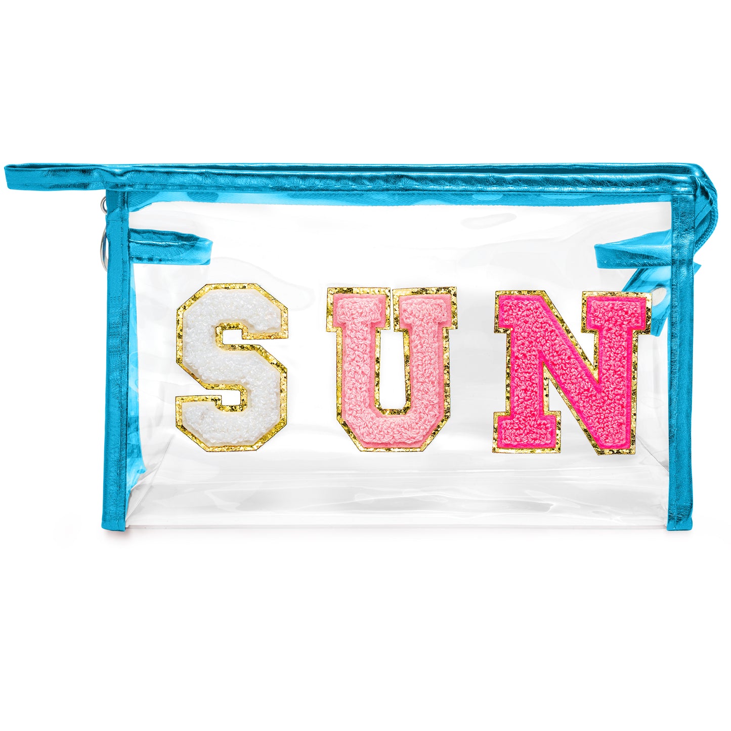 Y1tvei Clear SUN Makeup Bag - Preppy Rose Red SUN Chenille Varsity Letter Cosmetic Bag PVC Transparent Zipper Waterproof Beach Makeup Carry Pouch Portable Travel Toiletry Organizer for Women(Blue)