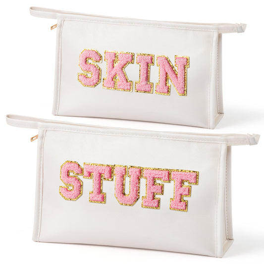 Y1tvei SKIN STUFF Makeup Bag - Pink Preppy Skin Stuff Chenille Letter Pouch for Travel, Large Waterproof Portable PU Leather Cosmetic Toiletry Bags, Zipper Flat Pouch Travel Organizer for Women(White)