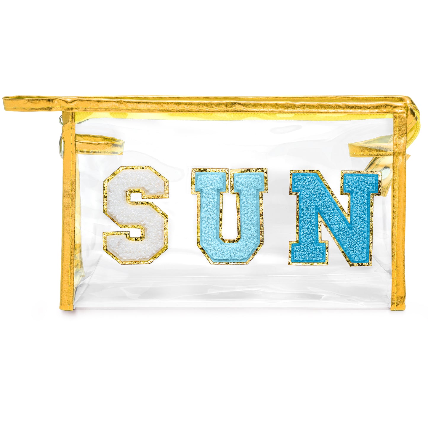 Y1tvei Clear SUN Makeup Bag - Preppy Blue SUN Chenille Varsity Letter Cosmetic Bag PVC Transparent Zipper Waterproof Beach Makeup Carry Pouch Portable Travel Toiletry Organizer for Women(Gold)