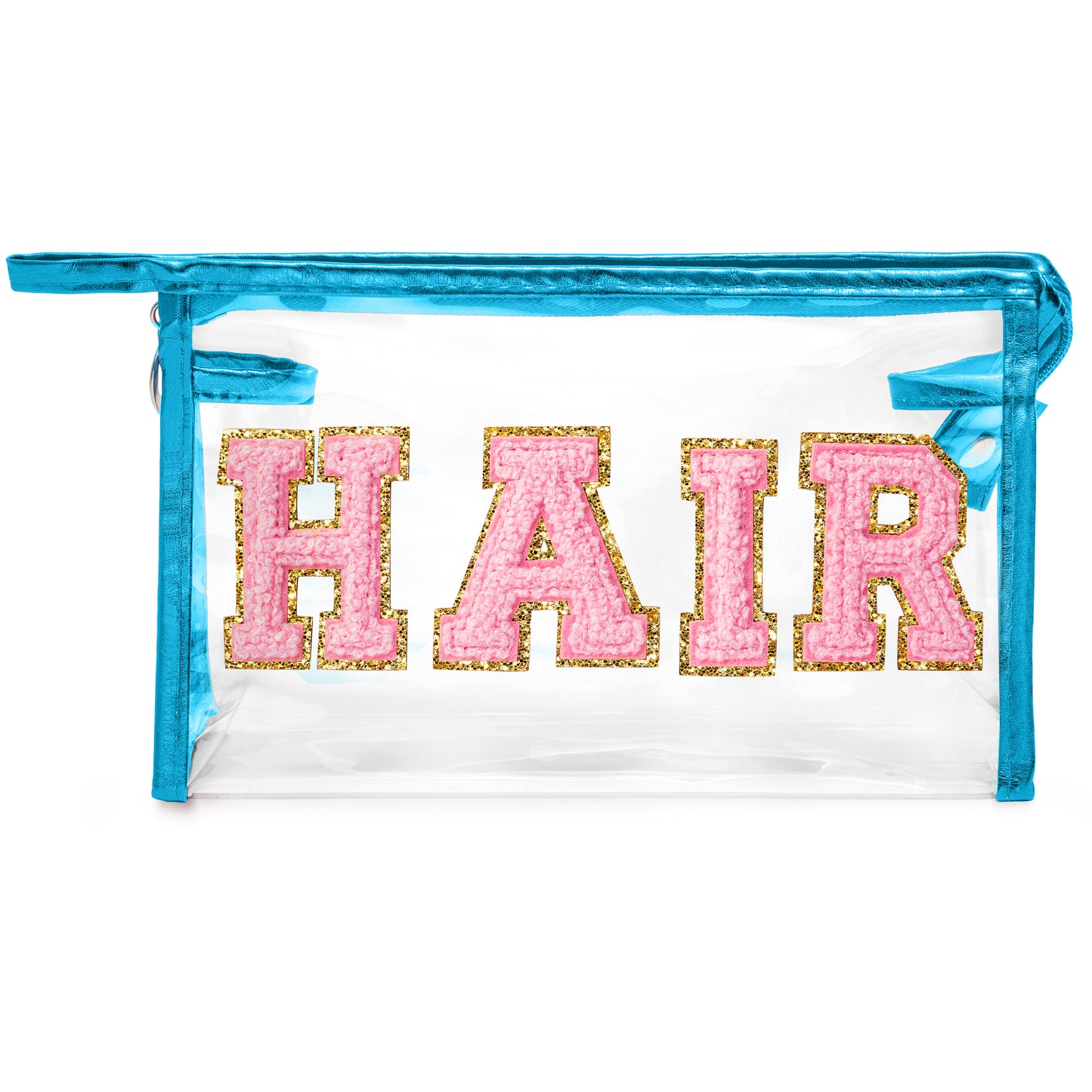 Y1tvei Clear HAIR Makeup Bag - Preppy Patch Pink Chenille Varsity Letter Cosmetic Bag Transparent PVC Zipper Waterproof Portable Beach Travel Storage Pouch Toiletry Organizer for Women(Blue)