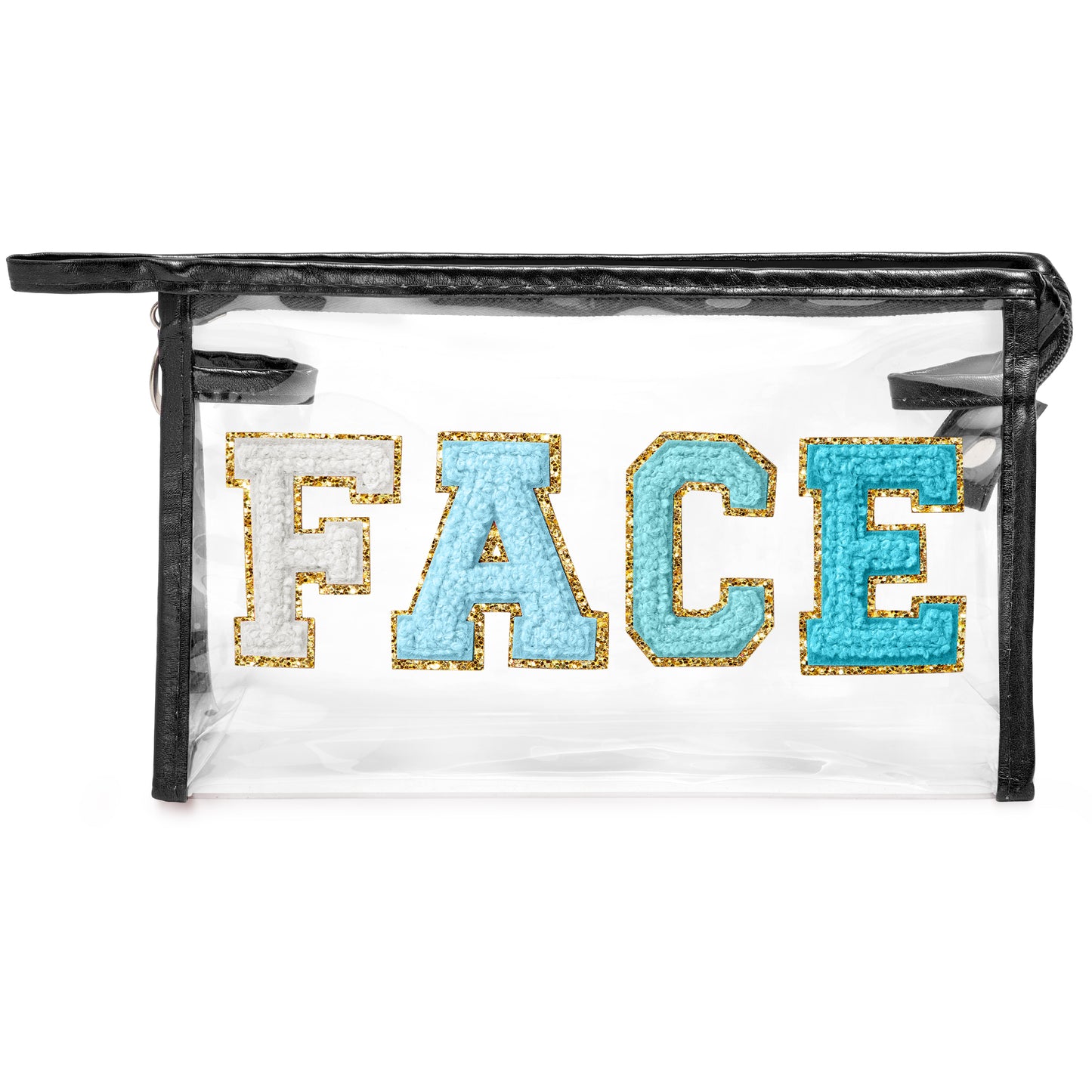 Y1tvei Clear FACE Makeup Bag - Preppy Blue FACE Chenille Varsity Letter Cosmetic Bag PVC Transparent Zipper Waterproof Beach Swim Makeup Carry Pouch Portable Travel Toiletry Organizer for Women(Black)