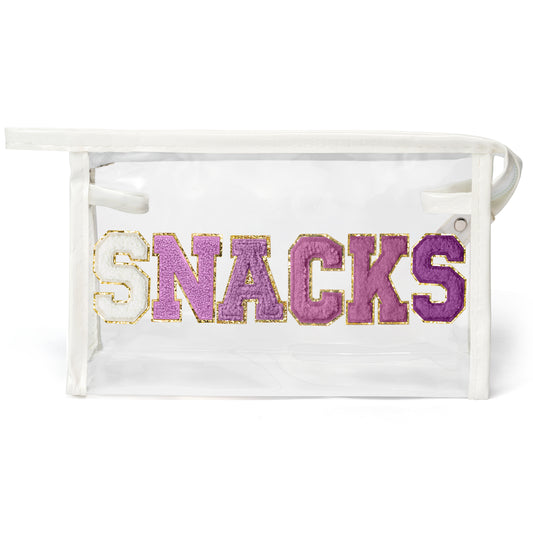 Y1tvei SNACKS Clear Makeup Bag - Preppy Patch Purple Chenille Varsity Letter Transparent PVC Large Cosmetic Pouch Portable Waterproof Travel Organizer Toiletry Compliant Bag for Women Girl(White)