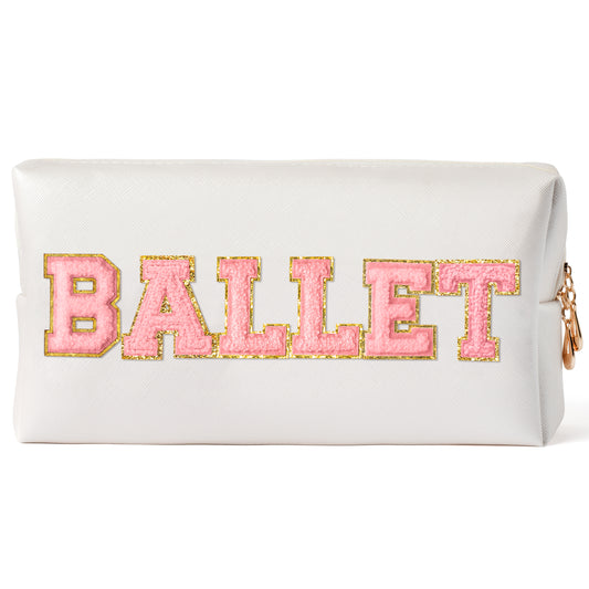 Y1tvei Ballet Cosmetic Bag for Girls - Preppy Patch BALLET Pink Chenille Letter Makeup Bag PU Leather Waterproof Portable Ballerina Makeup Pouch Dance Recital Travel Toiletry for Girl Dancer(White)