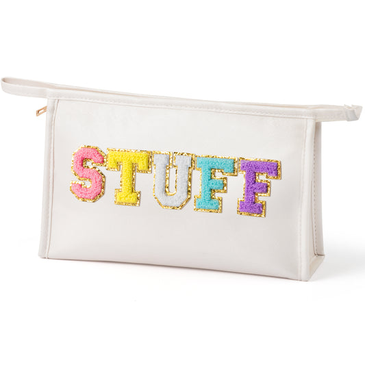 Y1tvei STUFF Zipper Pouch Large - Colorful Preppy Stuff Chenille Letter Pouch for Travel, PU Leather Makeup Bag, Large Waterproof Portable Cosmetic Bags, Flat Pouch Travel Organizer for Women(White)