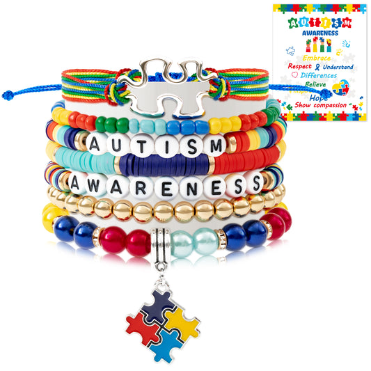Y1tvei Autism Awareness Clay Bead Bracelets - 7Pcs Autism Awareness Colorful Clay Bead Surfer Bracelet Autism Puzzle Piece Bracelet String Layering Stackable Stretch Bracelet Autism Gift for Women Kid