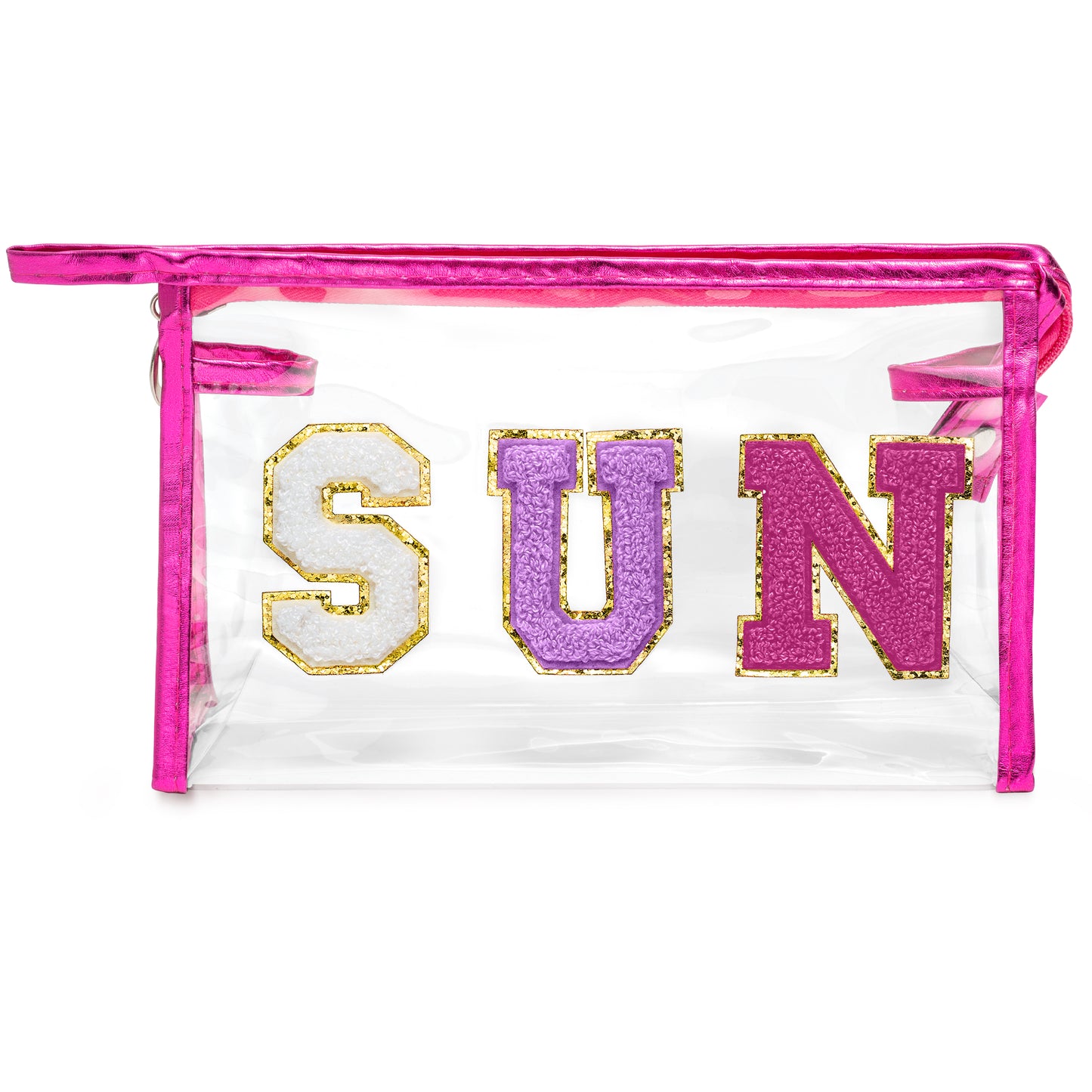 Y1tvei Clear SUN Makeup Bag - Preppy Purple SUN Chenille Varsity Letter Cosmetic Bag PVC Transparent Zipper Waterproof Beach Makeup Carry Pouch Portable Travel Toiletry Organizer for Women(Rose Red)