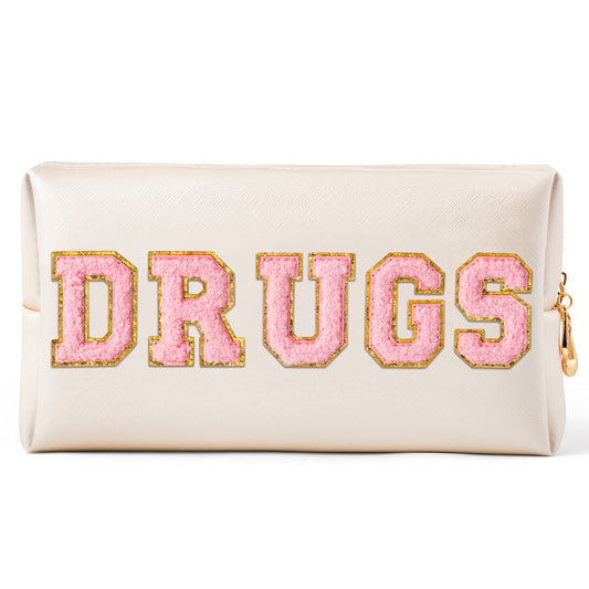 Y1tvei DRUGS Letter Cosmetic Bag - Preppy Pink Drugs Chenille Varsity Letter Makeup Bag, Leather Waterproof Toiletry Bag, Large Medicine Pouch for Purse Travel Cosmetic Organizer for Women(Shell Gold)