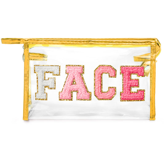 Y1tvei Clear FACE Makeup Bag - Preppy Rose Red FACE Chenille Varsity Letter Cosmetic Bag PVC Transparent Zipper Waterproof Beach Makeup Carry Pouch Portable Travel Toiletry Organizer for Women(Gold)