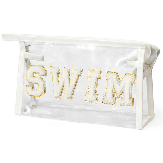 Y1tvei Clear SWIM Makeup Bag - Preppy White SWIM Chenille Varsity Letter Patch Cosmetic Bag Large PVC Transparent Waterproof Sunscreen Beach Pool Summer Travel Makeup Toiletry Pouch for Swimmer(White)