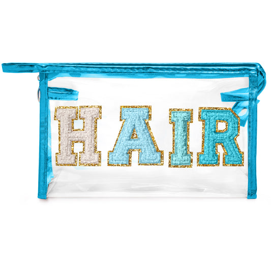 Y1tvei Clear HAIR Makeup Bag - Preppy Patch Blue Chenille Varsity Letter Cosmetic Bag Transparent PVC Zipper Waterproof Portable Beach Travel Storage Carry Pouch Toiletry Organizer for Women(Blue)