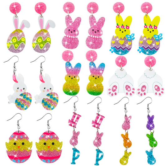 Y1tvei Easter Earrings for Women - 9Pairs Cute Bunny Easter Egg Shaped Sparkly Glitter Drop Dangle Earring Variety Pack Lightweight Cartoon Ear Decoration Holiday Jewelry Funny Easter Accessories Gift