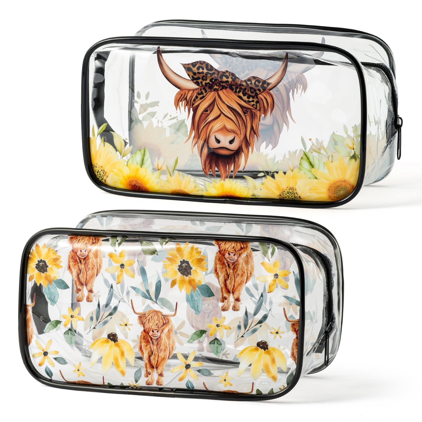 Y1tvei Highland Cow Cosmetic Bag - 2Pcs Highland Cattle Sunflower Print PVC Transparent Waterproof Toiletry Bag Portable Small Farmhouse Clear Makeup Pouch Beach Summer Gift for Cow Lover Women