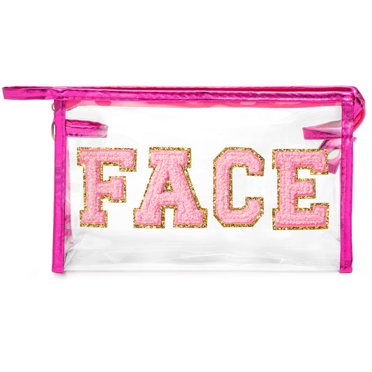 Y1tvei Clear FACE Makeup Bag - Preppy Pink FACE Chenille Varsity Letter Cosmetic Bag PVC Transparent Zipper Waterproof Beach Swim Makeup Pouch Portable Travel Toiletry Organizer for Women(Rose Red)