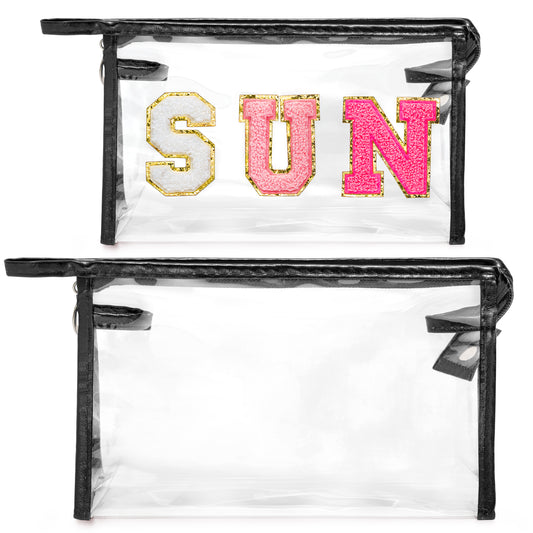 Y1tvei Clear SUN Makeup Bag - 2Pcs Preppy Rose Red SUN Chenille Varsity Letter Cosmetic Bag Black Large PVC Transparent Toiletry Organizer Zipper Waterproof Beach Travel Makeup Pouch for Women(Black)