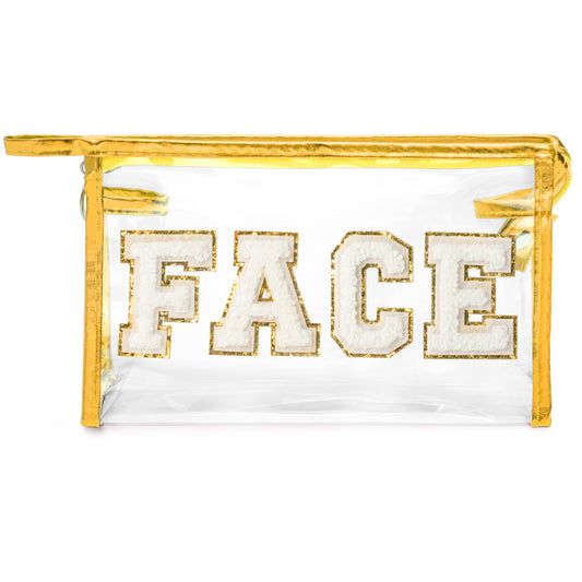 Y1tvei Clear FACE Makeup Bag - Preppy White FACE Chenille Varsity Letter Cosmetic Bag PVC Transparent Zipper Waterproof Beach Swim Makeup Pouch Portable Travel Toiletry Organizer for Women(Gold)