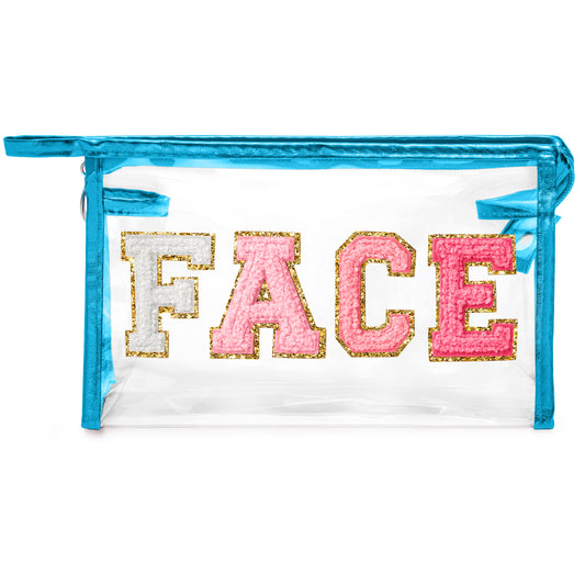 Y1tvei Clear FACE Makeup Bag - Preppy Rose Red FACE Chenille Varsity Letter Cosmetic Bag PVC Transparent Zipper Waterproof Beach Makeup Carry Pouch Portable Travel Toiletry Organizer for Women(Blue)