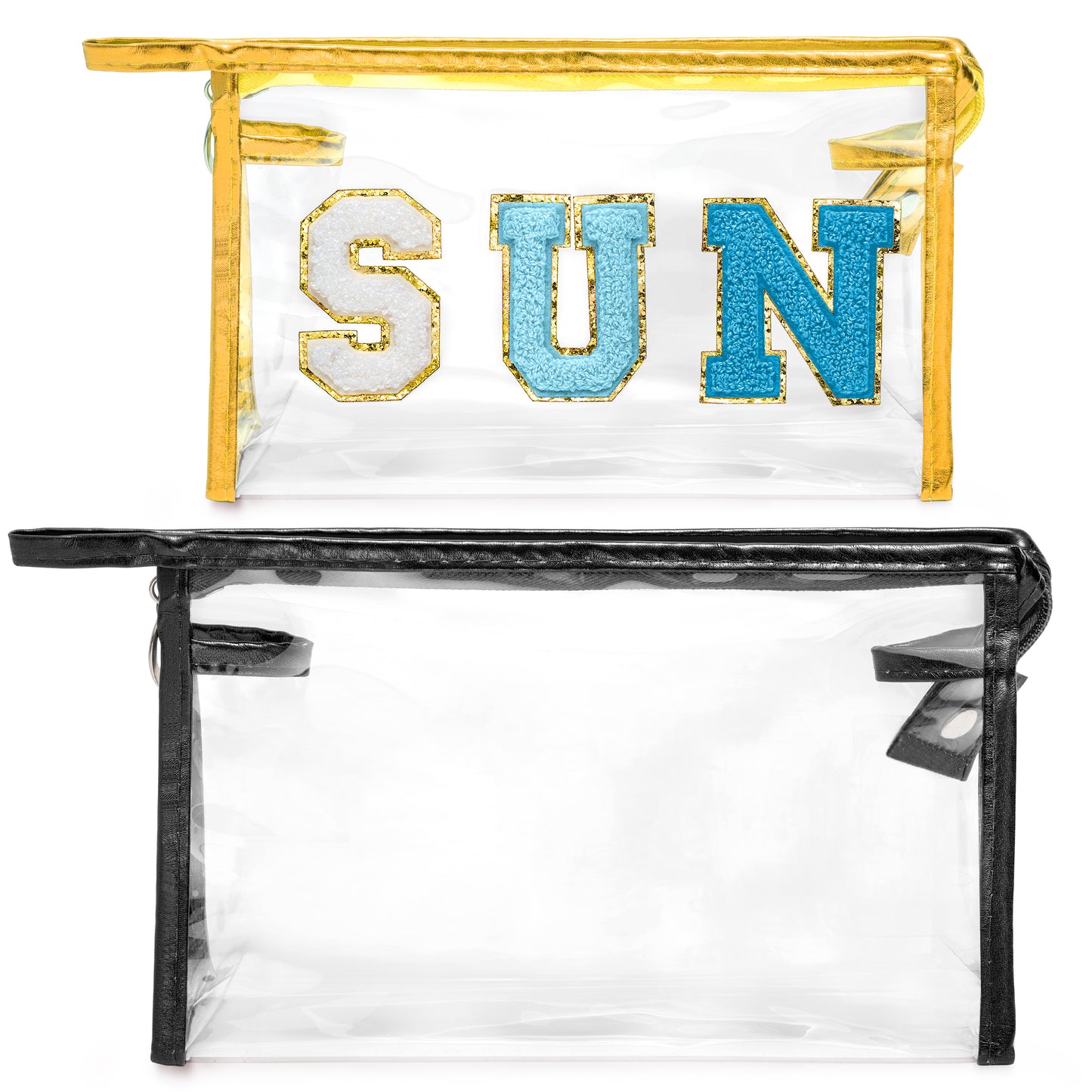 Y1tvei Clear SUN Makeup Bag - 2Pcs Preppy Blue SUN Chenille Varsity Letter Cosmetic Bag Black Large PVC Transparent Toiletry Organizer Zipper Waterproof Beach Travel Makeup Pouch for Women(Gold)