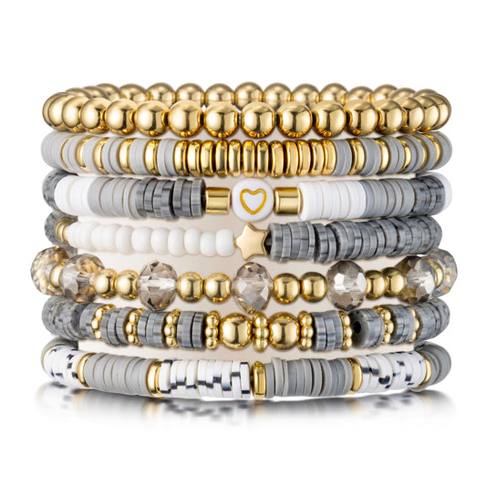 Y1tvei Gray Clay Bead Bracelets - 7Pcs Gray White Clay Bead Surfer Bracelet Set Gold Plated Bead Stackable Stretch Bracelet Layering Summer Beach Jewelry Friendship Bracelet Gift for Women Teen Girls