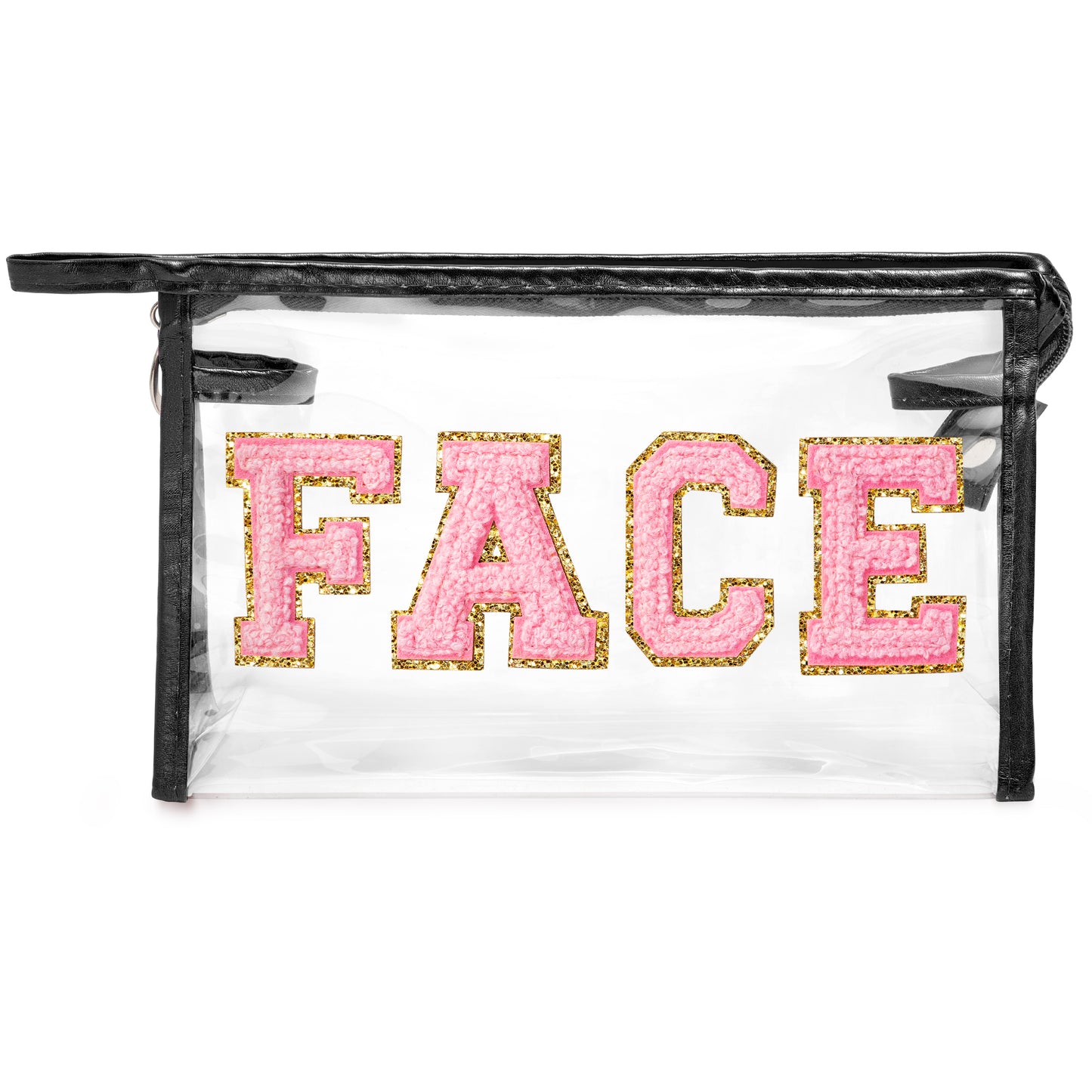 Y1tvei Clear FACE Makeup Bag - Preppy Pink FACE Chenille Varsity Letter Cosmetic Bag PVC Transparent Zipper Waterproof Beach Swim Makeup Pouch Portable Travel Toiletry Organizer for Women(Black)