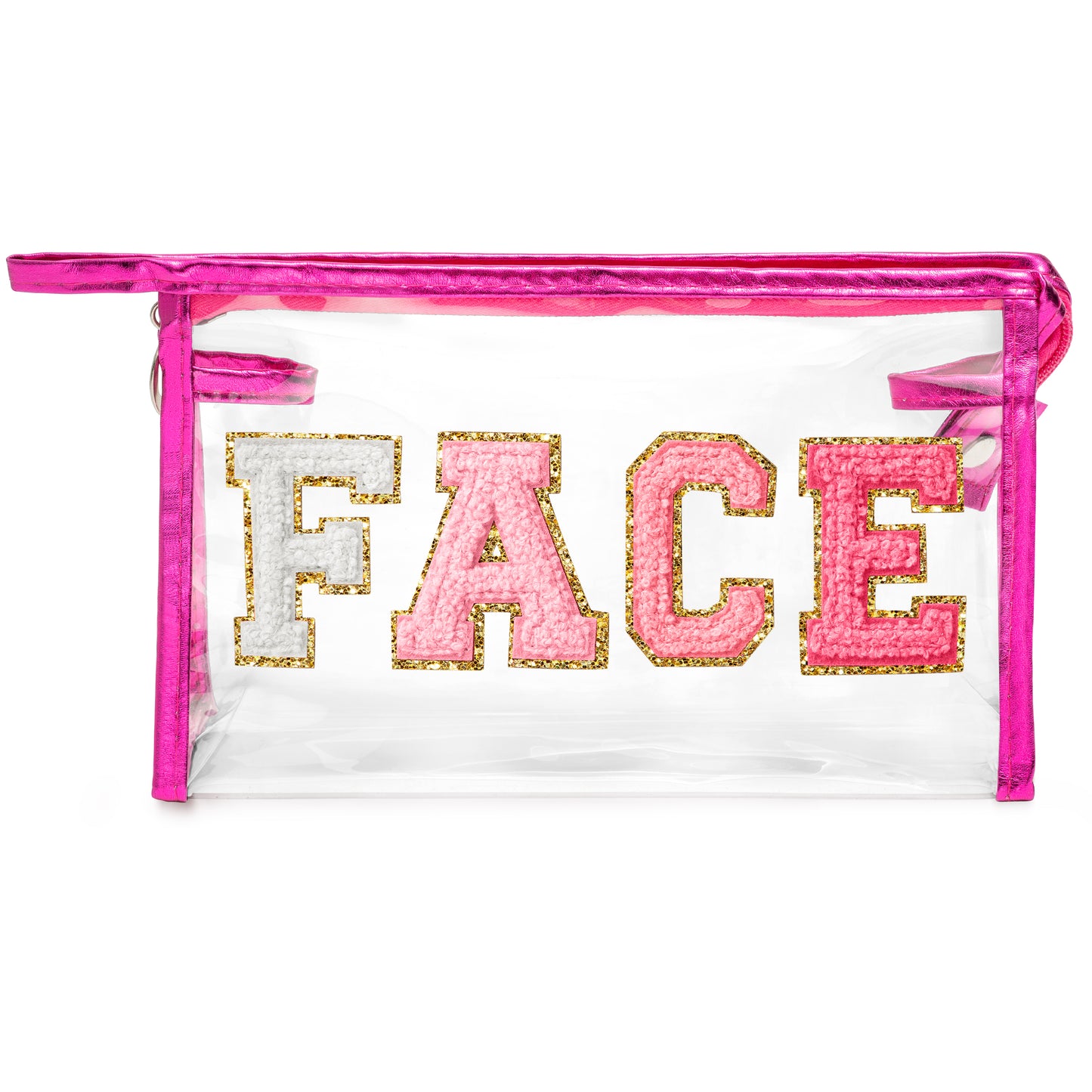 Y1tvei Clear FACE Makeup Bag - Preppy Rose Red FACE Chenille Varsity Letter Cosmetic Bag PVC Transparent Zipper Waterproof Beach Makeup Pouch Portable Travel Toiletry Organizer for Women(Rose Red)