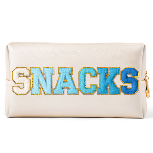 Y1tvei Large SNACKS Cosmetic Bag - Preppy Blue Snacks Chenille Varsity Letter Makeup Bag, PU Leather Waterproof Toiletry Bag Zipper Pouch for Purse Travel Cosmetic Organizer Gift for Women(Shell Gold)