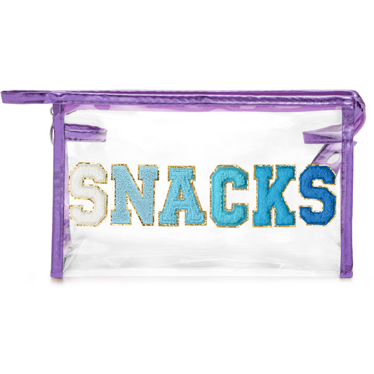 Y1tvei SNACKS Clear Makeup Bag - Preppy Patch Blue Chenille Varsity Letter Transparent PVC Large Cosmetic Pouch Portable Waterproof Beach Travel Organizer Toiletry Compliant Bag for Women Girl(Purple)