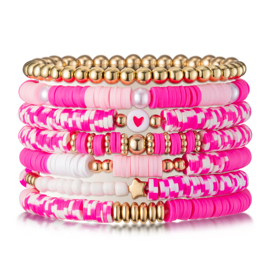 Y1tvei Pink Clay Bead Bracelets - 7Pcs Pink Spot Clay Bead Surfer Bracelet Set Gold Plated Bead Stackable Stretch Bracelet Layering Summer Beach Jewelry Friendship Bracelet Gift for Women Teen Girls