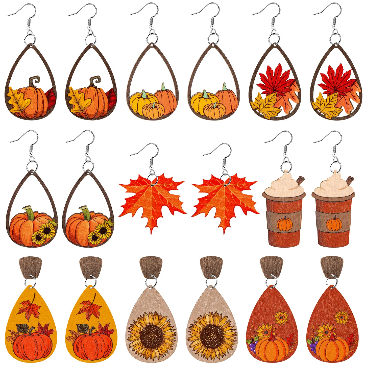 Y1tvei 9Pairs Fall Wooden Painted Earrings Set Autumn Harvest Maple Leaf Pumpkin Teardrop Dangle Earrings Lightweight Holiday Cute Sunflower Stud Earrings Party Jewelry Decor for Teens Girls Women