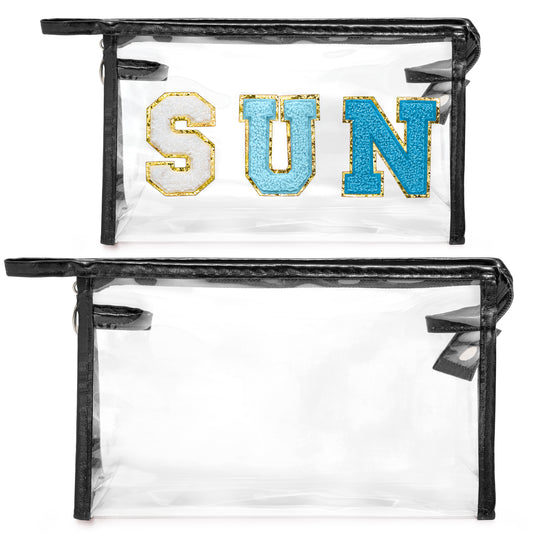 Y1tvei Clear SUN Makeup Bag - 2Pcs Preppy Blue SUN Chenille Varsity Letter Cosmetic Bag Black Large PVC Transparent Toiletry Organizer Zipper Waterproof Beach Travel Makeup Pouch for Women(Black)