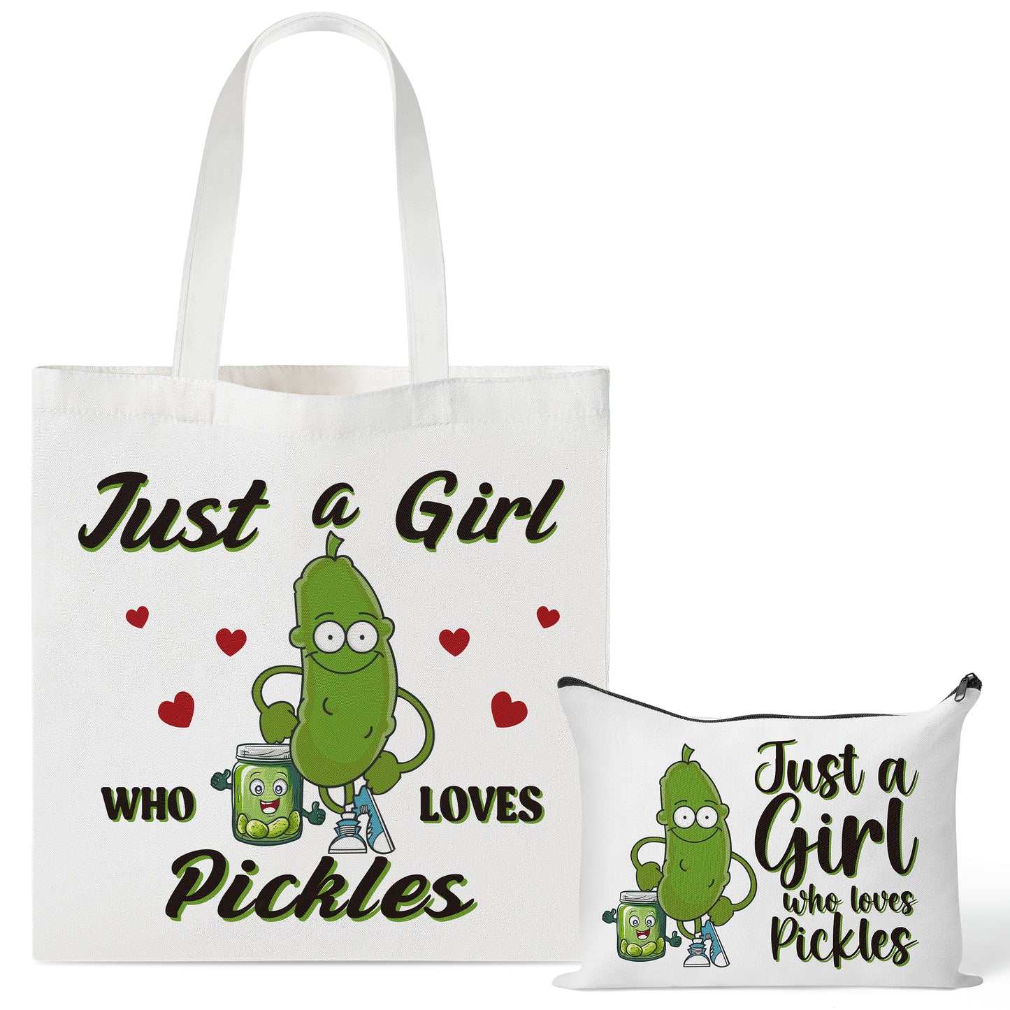 Y1tvei Pickle Canvas Tote Bag - 2Pcs Funny Pickle Makeup Bag Set, Cucumber Just A Girl Who Loves Pickles Canvas Cosmetic Pouch Tote Bag, Reusable Grocery Shopping Bag, Gifts for Pickle Lovers Women